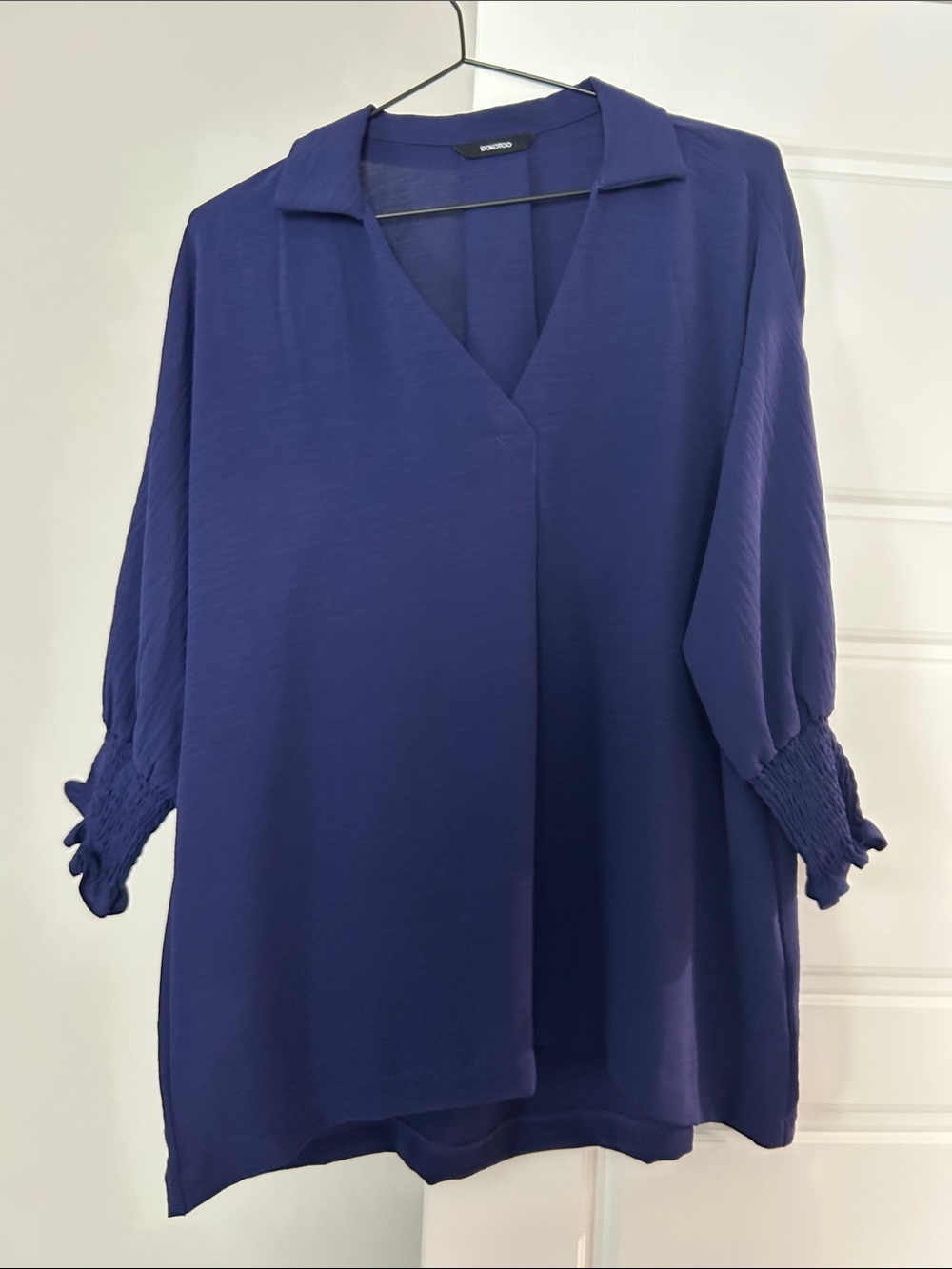 Relaxed V-Neck Tunic with Smocked Cuffs - Deep Blue
